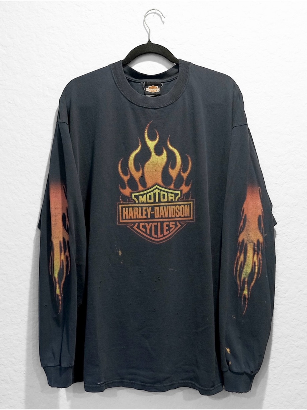 Vintage Y2K Harley Davidson Long Sleeve Flames Shirt 2XL/3XL Black Distressed